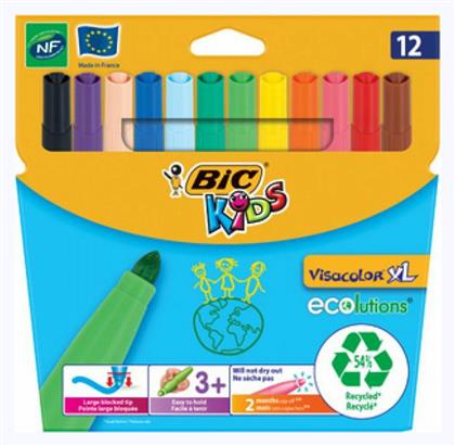 Kids Ecolutions Visacolor XL Πλενόμενοι Μαρκαδόροι Ζωγραφικής Χονδροί σε 12 Χρώματα Bic